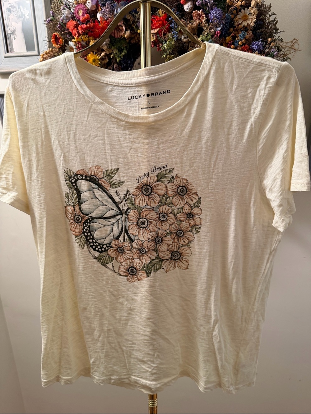 Lucky Brand Cream Tee with Floral Heart & Butterfly Graphic